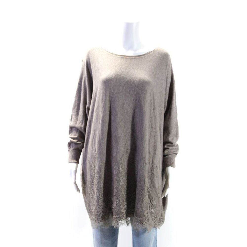Veveret Womens Long Sleeve Lace Trim Oversized Sweater Brown Size Large